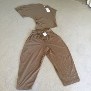 Zara Wide-Leg Tie-Waist Pants in Taupe